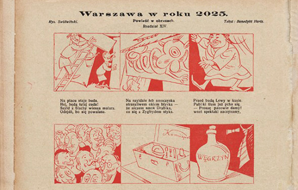 Benedykt Hertz, "Warszawa 2025", archiwalna plansza komiksu, fot. Wydawnictwo Komiksowe